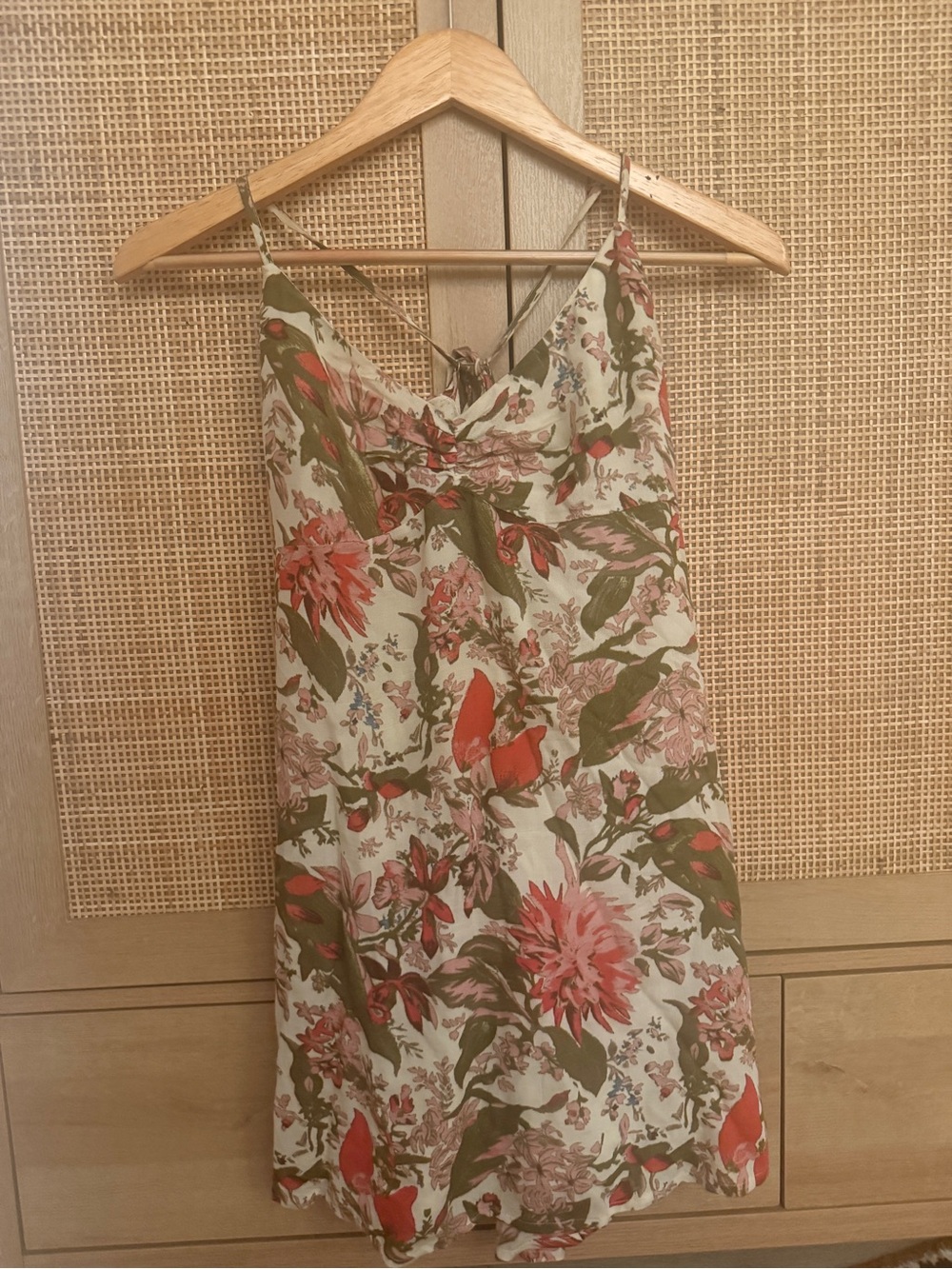 Honey Punch Floral Mini Slip Dress in Cream, Green and Coral